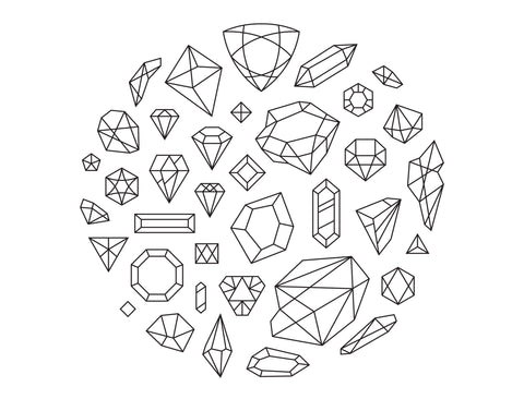 A rough diamond and different lab-grown diamond shapes