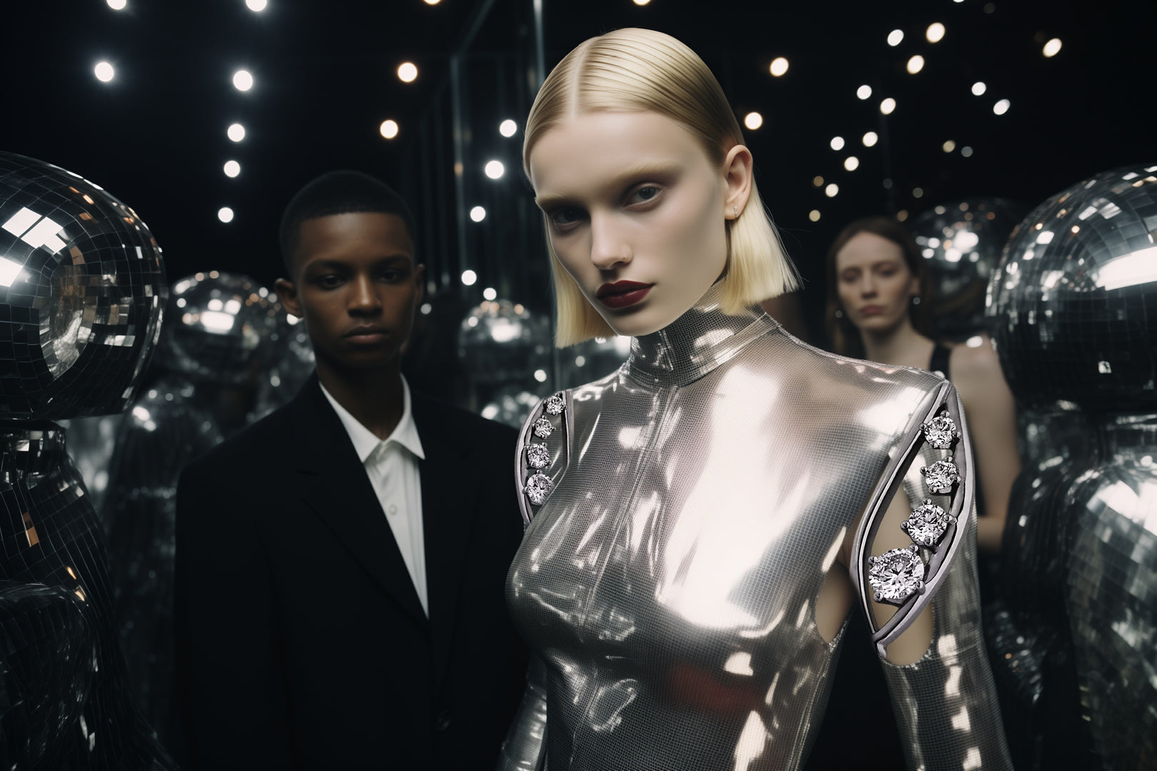 Holiday jewelry collection: woman in advanced space clothes with man in suit