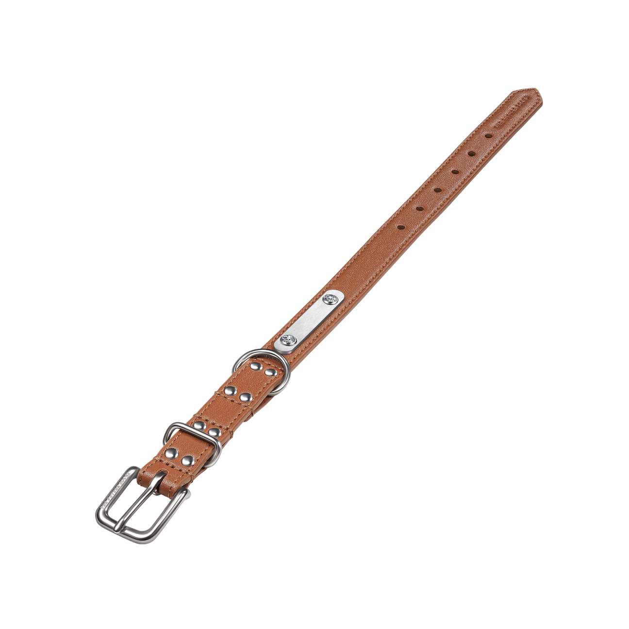 Brown vegan leather collar with lab-grown sapphire | 首輪