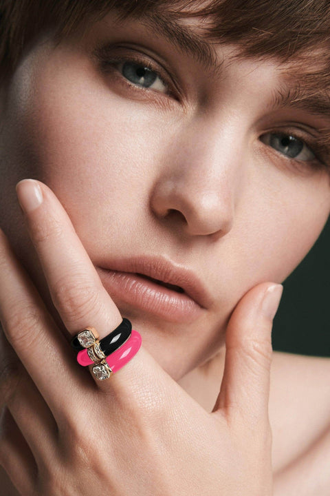  Toi et moi pink enamel asscher ring - Toi et Moi Pink Enamel Asscher Diamond Ring -  The Future Rocks  -    3 